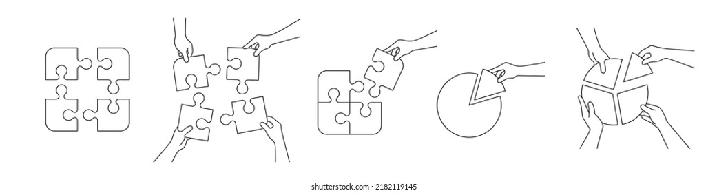 Set concepts investments and teamwork with a piece of chart and puzzle in hands line style vector illustration