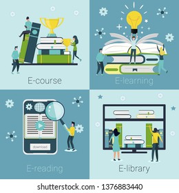 Set of concepts for language courses, e-learning, online education, e-reading, e-library is shown. Modern vector illustration concepts for website and mobile website development, apps is presented.