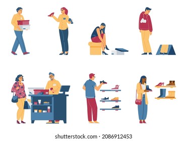 Set of concepts with male, female characters in shoe store in flat vector illustrations isolated on white background. Shop assistant helps to make choice, client buys fashionable shoes.