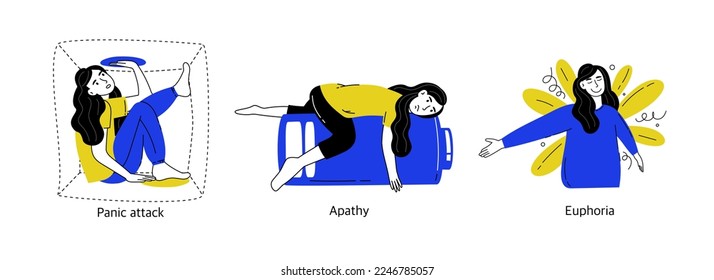 Set of concepts of mental health and psychology. Psychological disorders, various positive, negative states of people. Vector illustration isolated on a white background.