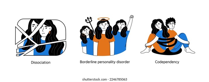 Set of concepts of mental health and psychology. Psychological disorders, various positive, negative states of people. Vector illustration isolated on a white background.