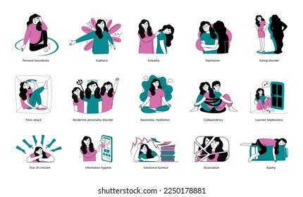 Set of concepts of mental health and psychology. Psychological disorders, various positive, negative states of people. Vector illustration isolated on a white 