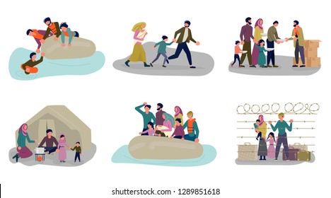 Set of concepts of Migrant people in different situations. Refugees get into Europe isolated on white background. Vector Illustration