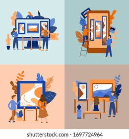 Set of concepts. Mobile museum guide application. Interactive exhibition. Virtual art gallery tours. Vector flat illustration.