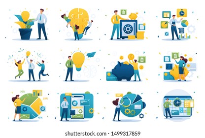 Set of concepts on the subject of business, success, investment, Deposit, business ideas, business planning. Flat 2D character