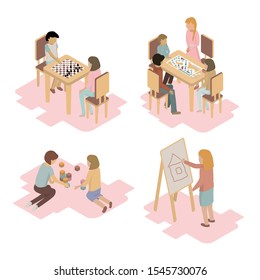 Set of concepts on the theme of entertainment and children's games together. Game of chess, board game, drawing, dice. Isometric style. Delicate colors. Vector illustration.