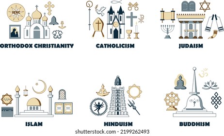 A set of concepts on the theme of religions. Christianity, Islam, Judaism, Hinduism, Buddhism.