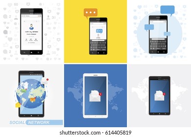 Set of concepts on the theme of social networks and communication on the Internet.
Chat icon with a mobile application, a smartphone and a new message with a world map and a globe.