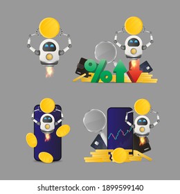 A set of concepts on the topic of investing or cashback. Flying robots bots. Vector.