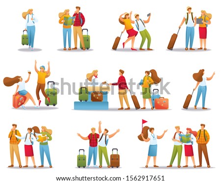 Set of concepts people on vacation, on vacation, at the airport, tourists on excursions.