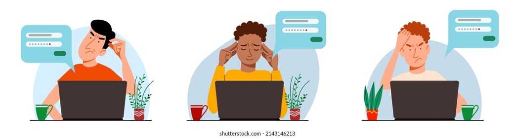 A set of concepts of people thinking on a laptop.