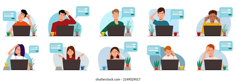 A set of concepts of people thinking on a laptop.