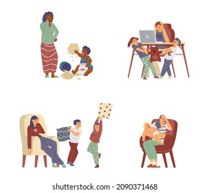 Set of concepts with postnatal depression, constant stressful situation, emotional burnout, need for psychological help in flat vector illustration isolated on white. Tired, unhappy mom can't handle