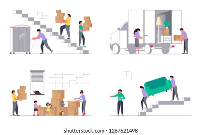 Set Of Concepts For Transport Company Isolated On White Background. Moving Truck With Movers Carring A Sofa And Cardboard Boxes. Moving House And Office. Vector Illustration