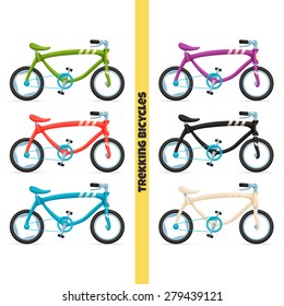 a set of concepts trekking bike in different colors on a white background