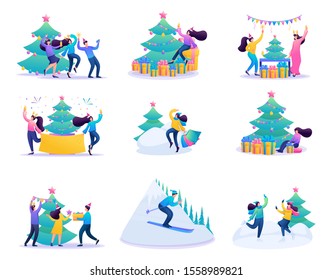 Set of concepts of vacationing people, winter entertainment, Christmas celebration.