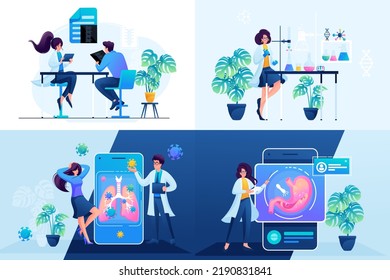 Conjunto de conceptos para el diseño web. Gastroenterólogo, terapeuta, laboratorio, prueba COVID-19. Concepto de diseño web.