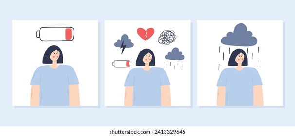 Set of concepts Woman in depression. Vector illustration. Drawn Woman in stress, depression, with apathy and confused thoughts.