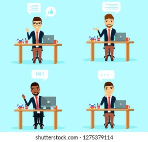Set of concepts. Young guys in the workplace with speech bubbles. Character. In flat style on blue background. Cartoon.