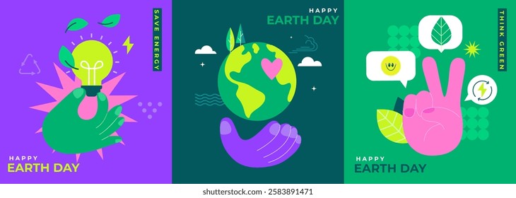 Set conceptual cards for Earth Day,world environment day.Save energy,take care of world,think green live in eco friendly world. Posters, flyers for web, social media, design,marketing and print.Vector