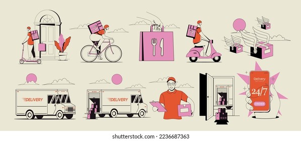 Set of conceptual delivery business illustrations of delivery truck and courier guy and delivery boxes and bags in retro style isolated on beige background. Vector illustration
