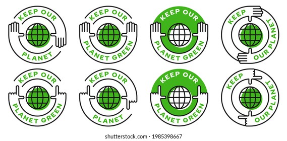 Set of conceptual environmental stamps, logos. Human nature conservation symbol. A call to keep our planet green. Vector elements.