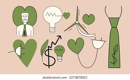 Set of conceptual ESG icons. Elements about sustainable environment and caring for nature. Vector illustration in flat style