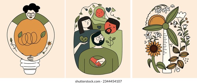 Set of conceptual ESG illustrations with characters. Caring for the environment, eco-friendly postcards, banners. Vector illustration in hand drawn style