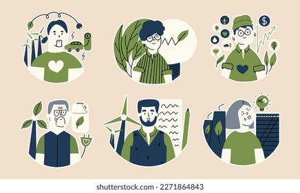 Conjunto de stickers conceptuales ESG. Un grupo de personas con principios sociales, sostenibles, renovables. Icono de negocio de colección. Ilustración vectorial en estilo plano.