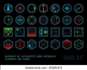 Set of conceptual futuristic display interface HUD elements. Round, square and hexagonal shaped icons.