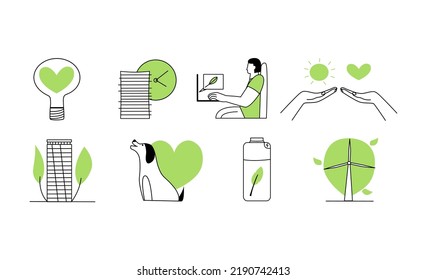 A set of conceptual icons on the theme of ESG. Sustainable environment green icons set with hands, windmill, energy, man
