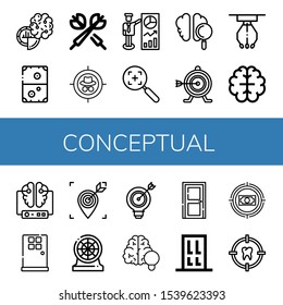 Set of conceptual icons. Such as Brain, Air hockey, Darts, Target, Claw machine, Door , conceptual icons