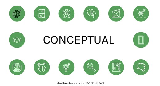 Set of conceptual icons such as Target, Air hockey, Brain, Backdrop, Door , conceptual