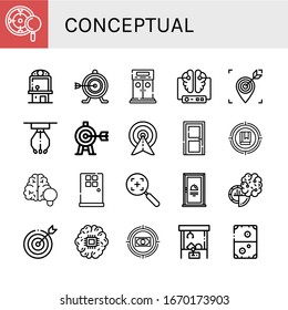 Set of conceptual icons. Such as Target, Claw machine, Entrance, Brain, Door, Air hockey , conceptual icons