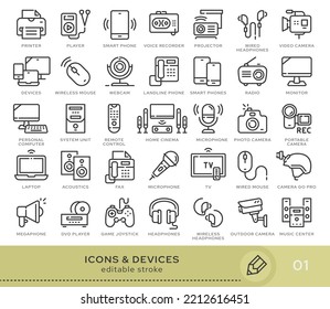 Set von konzeptionellen Symbolen. Vektorsymbole im flachen linearen Stil für Webseiten, Anwendungen und andere grafische Ressourcen. Aus der Serie - Geräte . Bearbeitbares Strichsymbol.