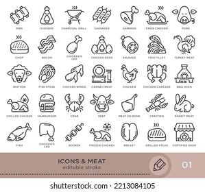 Set of conceptual icons. Vector icons in flat linear style for web sites, applications and other graphic resources. Set from the series - Meat products. Editable stroke icon.