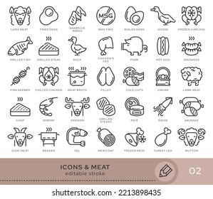 Set of conceptual icons. Vector icons in flat linear style for web sites, applications and other graphic resources. Set from the series - Meat products. Editable stroke icon.