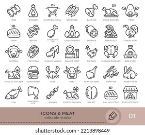 Set of conceptual icons. Vector icons in flat linear style for web sites, applications and other graphic resources. Set from the series - Meat products. Editable stroke icon.