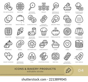 Conjunto de iconos conceptuales. Iconos vectoriales en estilo lineal plano para sitios web, aplicaciones y otros recursos gráficos. De la serie - Productos de panadería. Icono de trazo editable.