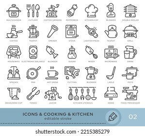 Set von konzeptionellen Symbolen. Vektorsymbole im flachen linearen Stil für Webseiten, Anwendungen und andere grafische Ressourcen. Set aus der Serie - Kochen und Küche . Bearbeitbares Strichsymbol.