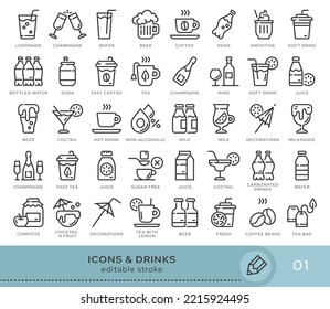 Conjunto de iconos conceptuales. Iconos vectoriales en estilo lineal plano para sitios web, aplicaciones y otros recursos gráficos. Set de la serie - Bebidas. Icono de trazo editable.