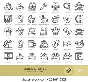 Conjunto de iconos conceptuales. Iconos vectoriales en estilo lineal plano para sitios web, aplicaciones y otros recursos gráficos. El hotel está ubicado en la serie. Icono de trazo editable.