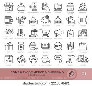 Conjunto de iconos conceptuales. Iconos vectoriales en estilo lineal plano para sitios web, aplicaciones y otros recursos gráficos. Conjunto de la serie - Comercio electrónico y compras. Icono de trazo editable.