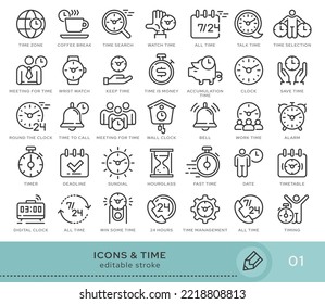 Conjunto de iconos conceptuales. Iconos vectoriales en estilo lineal plano para sitios web, aplicaciones y otros recursos gráficos. Establecer desde la serie - Tiempo. Icono de trazo editable.