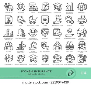 Conjunto de iconos conceptuales. Iconos vectoriales en estilo lineal plano para sitios web, aplicaciones y otros recursos gráficos. Partida de la serie - Seguros. Icono de trazo editable.