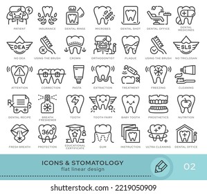 Set von konzeptionellen Symbolen. Vektorsymbole im flachen linearen Stil für Webseiten, Anwendungen und andere grafische Ressourcen. Set aus der Serie - Stomatologie und Dental. Bearbeitbares Strichsymbol.