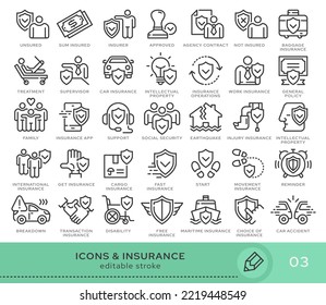 Conjunto de iconos conceptuales. Iconos vectoriales en estilo lineal plano para sitios web, aplicaciones y otros recursos gráficos. Partida de la serie - Seguros. Icono de trazo editable.