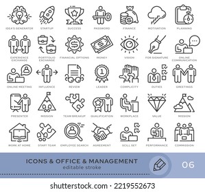 Conjunto de iconos conceptuales. Iconos vectoriales en estilo lineal plano para sitios web, aplicaciones y otros recursos gráficos. Conjunto de la serie: Office y Management. Icono de trazo editable.