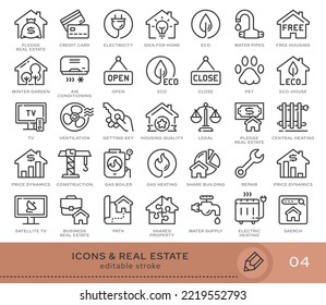 Conjunto de iconos conceptuales. Iconos vectoriales en estilo lineal plano para sitios web, aplicaciones y otros recursos gráficos. Partida de la serie - Inmobiliaria. Icono de trazo editable.