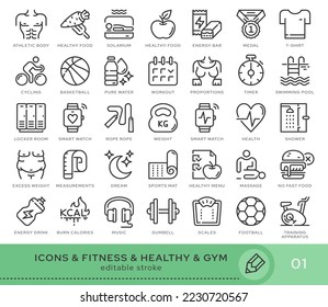  Set of conceptual icons. Vector icons in flat linear style for web sites, applications and other graphic resources. Set from the series - Fitness. Editable stroke icon.